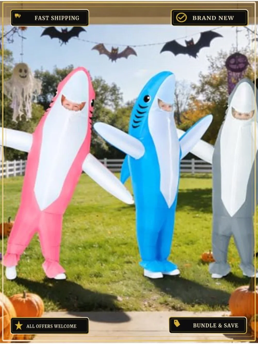 Inflatable Shark Costume for Kids Blow Up Halloween Cosplay Party Suit